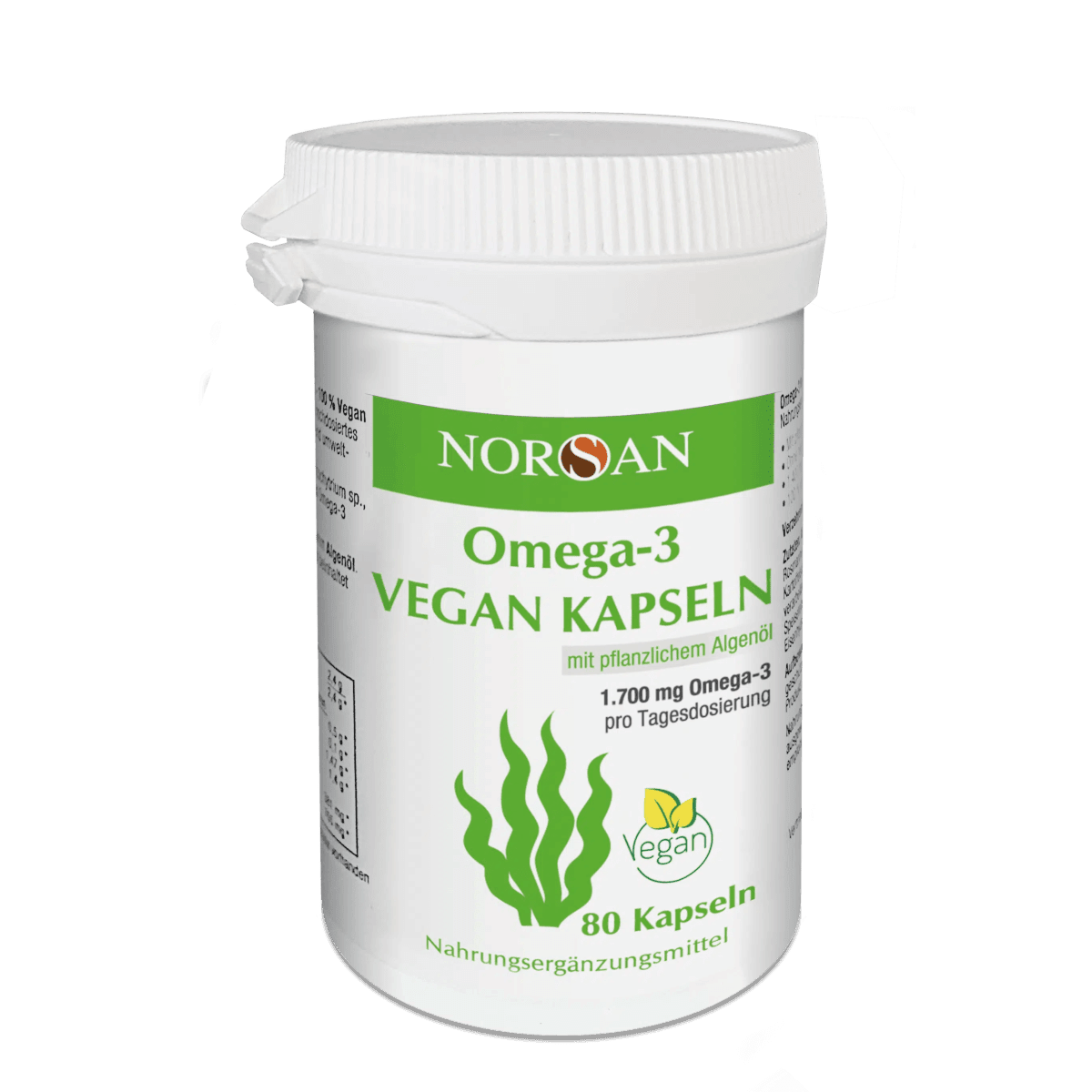 NORSAN Omega-3 Vegan Kapseln – 1.700 mg Omega-3-Fettsäuren (EPA & DHA) pro Tagesdosis aus nachhaltig gewonnenem Algenöl.